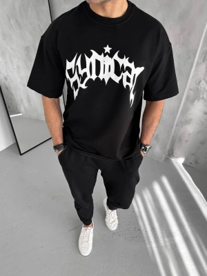 Bisiklet Yaka Baskılı Oversize T-Shirt - Siyah -