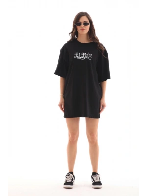 Bisiklet Yaka Baskılı Oversize T-Shirt - Siyah -