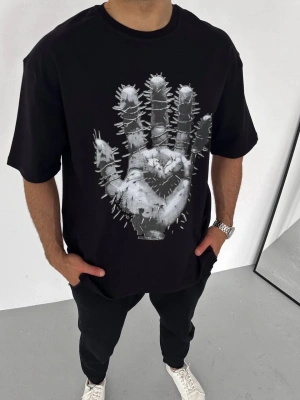 Bisiklet Yaka Baskılı Oversize T-Shirt - Siyah -