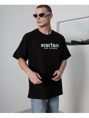 Bisiklet Yaka Baskılı Oversize T-Shirt - Siyah