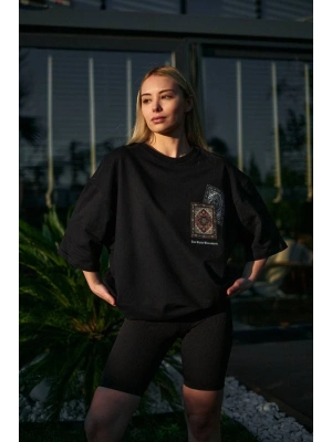 Bisiklet Yaka Baskılı Oversize T-Shirt - Siyah -