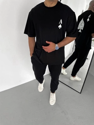 Bisiklet Yaka Baskılı Oversize T-Shirt - Siyah