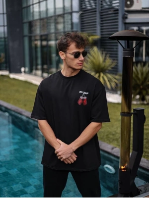 Bisiklet Yaka Baskılı Oversize T-Shirt - Siyah -