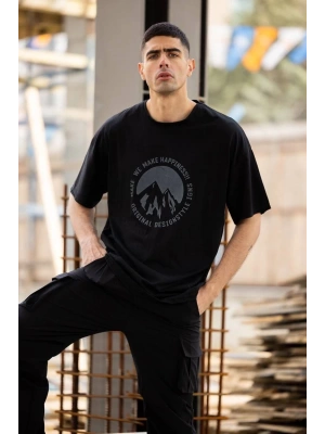 Bisiklet Yaka Baskılı Oversize T-Shirt - Siyah -