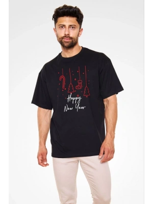 Bisiklet Yaka Baskılı Oversize T-Shirt - Siyah