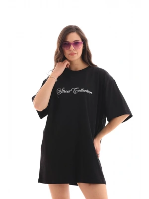 Bisiklet Yaka Baskılı Oversize T-Shirt - Siyah