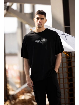 Bisiklet Yaka Baskılı Oversize T-Shirt - Siyah -