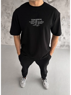 Bisiklet Yaka Baskılı Oversize T-Shirt - Siyah -