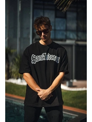 Bisiklet Yaka Baskılı Oversize T-Shirt - Siyah -