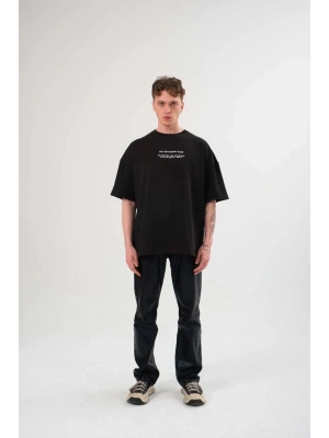 Bisiklet Yaka Baskılı Oversize T-Shirt - Siyah -