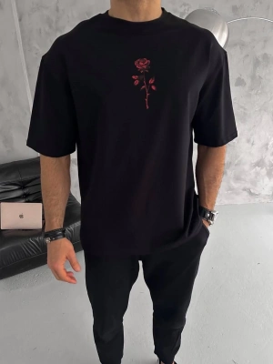 Bisiklet Yaka Baskılı Oversize T-Shirt - Siyah -