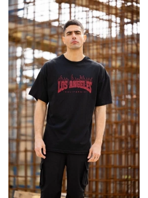 Bisiklet Yaka Baskılı Oversize T-Shirt - Siyah -