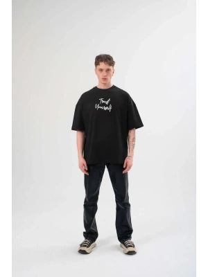 Bisiklet Yaka Baskılı Oversize T-Shirt - Siyah -