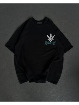Bisiklet Yaka Baskılı Oversize T-Shirt - Siyah -
