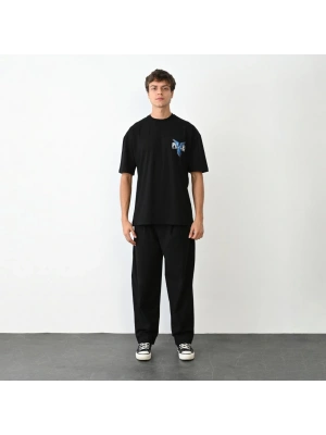 Bisiklet Yaka Baskılı Oversize T-Shirt - Siyah -