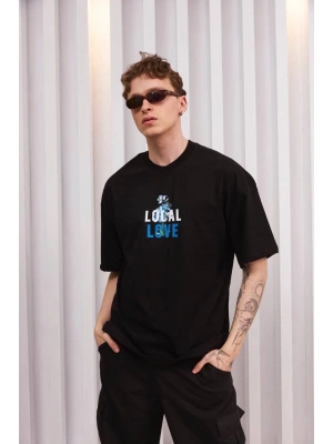 Bisiklet Yaka Baskılı Oversize T-Shirt - Siyah -