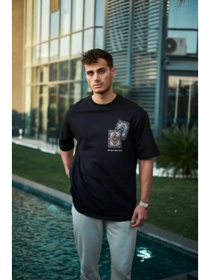 Bisiklet Yaka Baskılı Oversize T-Shirt - Siyah -