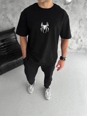 Bisiklet Yaka Baskılı Oversize T-Shirt - Siyah -