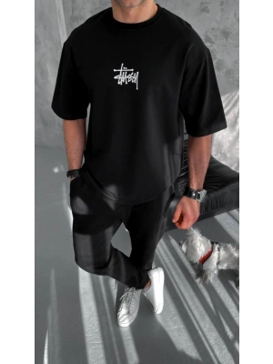 Bisiklet Yaka Baskılı Oversize T-Shirt - Siyah -