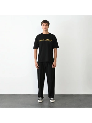 Bisiklet Yaka Baskılı Oversize T-Shirt - Siyah -