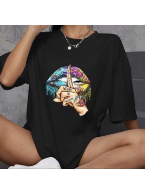 Bisiklet Yaka Baskılı Oversize T-Shirt - Siyah -