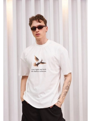 Bisiklet Yaka Baskılı Oversize T-Shirt - Siyah -