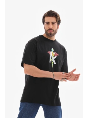 Bisiklet Yaka Baskılı Oversize T-Shirt - Siyah -