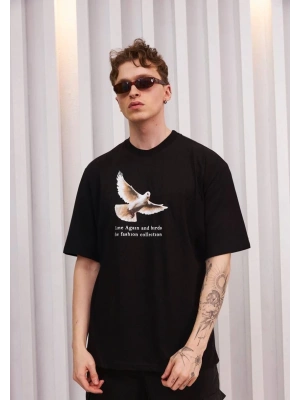 Bisiklet Yaka Baskılı Oversize T-Shirt - Siyah -