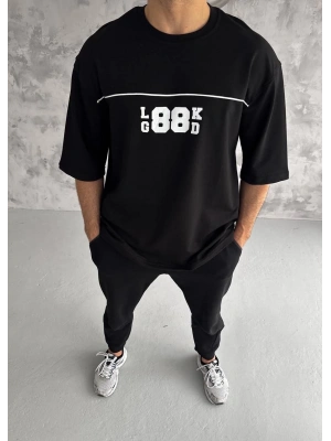 Bisiklet Yaka Baskılı Oversize T-Shirt - Siyah -