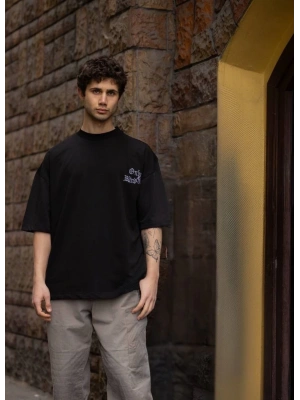 Bisiklet Yaka Baskılı Oversize T-Shirt - Siyah