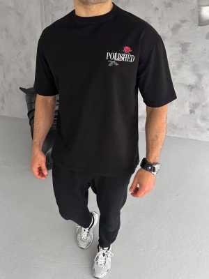 Bisiklet Yaka Baskılı Oversize T-Shirt - Siyah