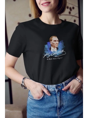 Bisiklet Yaka Baskılı Oversize T-Shirt - Siyah -