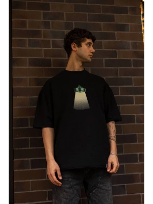 Bisiklet Yaka Baskılı Oversize T-Shirt - Siyah -