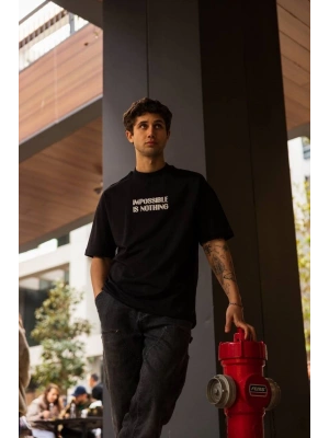 Bisiklet Yaka Baskılı Oversize T-Shirt - Siyah -