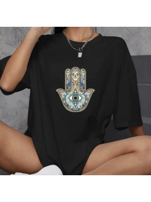 Bisiklet Yaka Baskılı Oversize T-Shirt - Siyah -