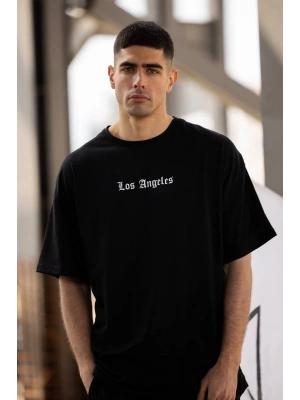 Bisiklet Yaka Baskılı Oversize T-Shirt - Siyah -