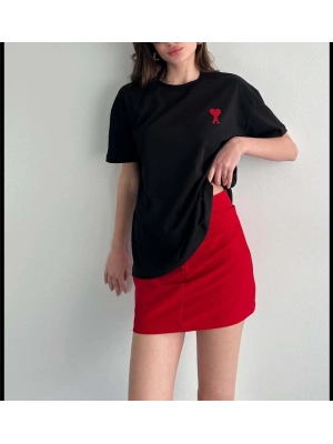 Bisiklet Yaka Baskılı Oversize T-Shirt - Siyah -