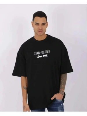 Bisiklet Yaka Baskılı Oversize T-Shirt - Siyah