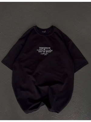 Bisiklet Yaka Baskılı Oversize T-Shirt - Siyah -