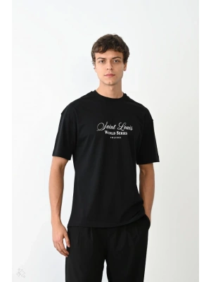 Bisiklet Yaka Baskılı Oversize T-Shirt - Siyah -