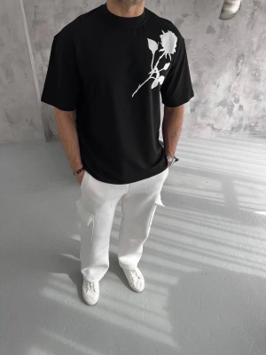 Bisiklet Yaka Baskılı Oversize T-Shirt - Siyah -