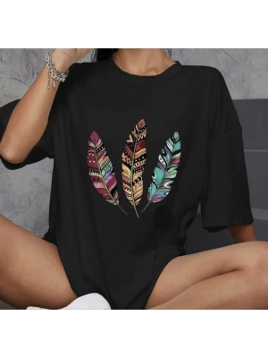 Bisiklet Yaka Baskılı Oversize T-Shirt - Siyah -