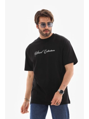 Bisiklet Yaka Baskılı Oversize T-Shirt - Siyah