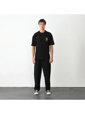 Bisiklet Yaka Baskılı Oversize T-Shirt - Siyah -