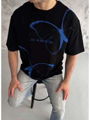 Bisiklet Yaka Baskılı Oversize T-Shirt - Siyah