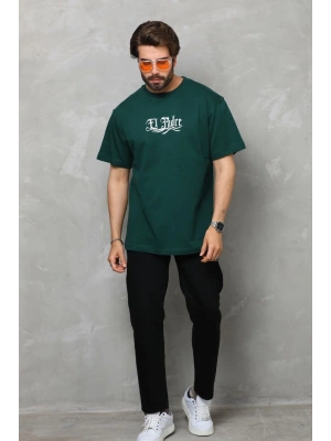 Bisiklet Yaka Baskılı Oversize T-Shirt - Yeşil -