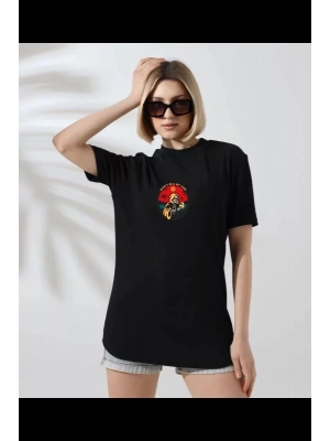 Bisiklet Yaka Baskılı T-Shirt - Siyah -