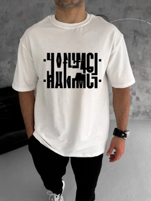 Bisiklet Yaka Katlanan Baskılı T-Shirt - Beyaz -