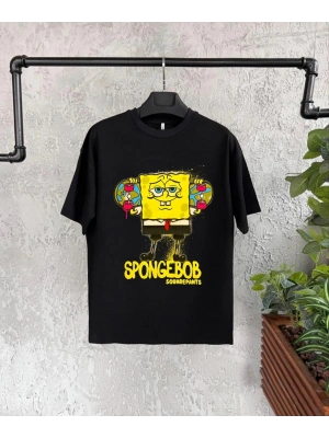 Bisiklet Yaka Kısa Kol   Baskılı T-Shirt - Siyah -