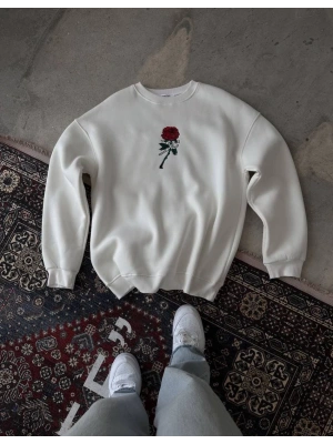 Bisiklet Yaka Ön Ve Arka Baskılı SweatShirt - Beyaz -